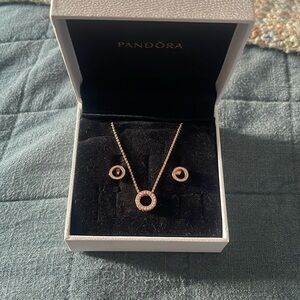 Rose gold pandora earrings and necklace